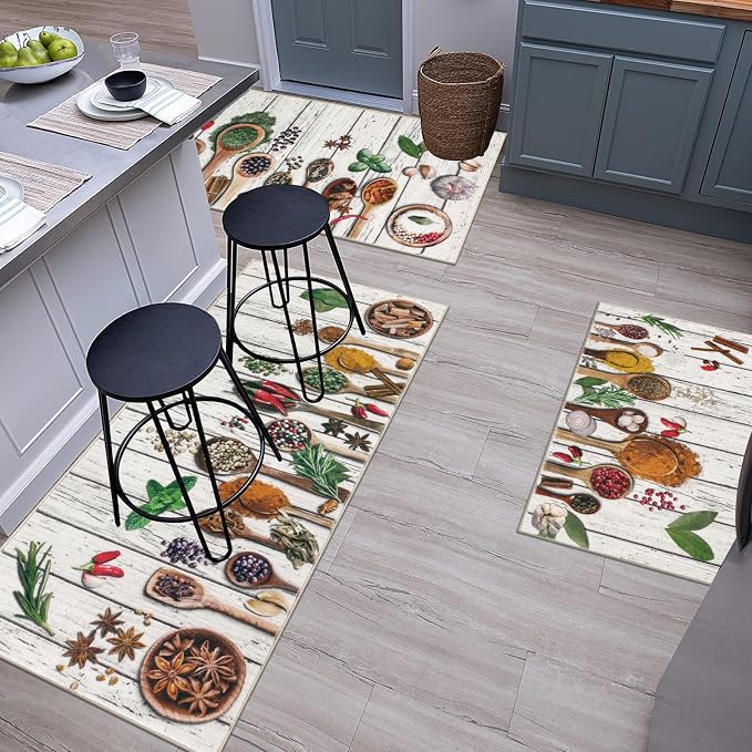 Vaukki Boho Kitchen Rug Sets 3 Pieces, Washable Kitchen Mats for Floor, Non Slip Soft Kitchen Area Rug Floor Mat for Kitchen, Laundry Room and Hallway (Spice-Wooden, 20''x32''+20''x47''+20''x59'')