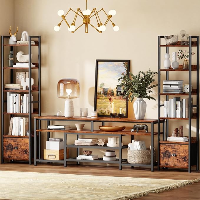 Furologee Book Shelf Set of 2, 6 Tier Tall Shelf with Drawer, Bookshelves and Bookcases Set of 2, Industrial Display Shelving Unit for Bedroom, Living Room, Home Office, Rustic Brown