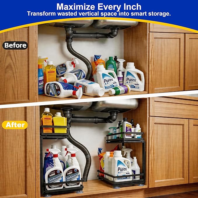 Under Sink Organizer, Dual-Rail Ball-Bearing, Under Kitchen Sink Organizer, 6-Level Adjustable, Under Cabinet Organizer, No-Drill Adhesive/Suction, Under Sink Storage (Black, Double Layer - 1 Pack)