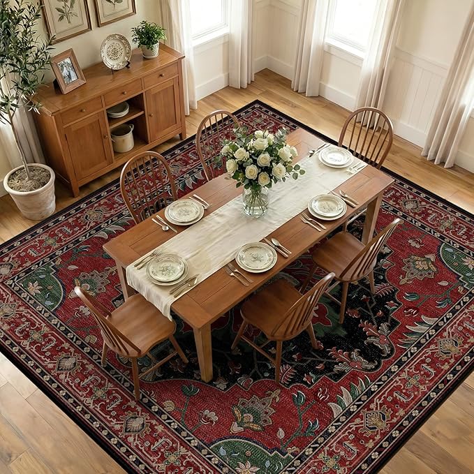 RELEANY Area Rugs Square 10ft Washable Non-Slip, Floral Vintage Distress Medallion Carpet for Living Room Bedroom Dining Room, Red Black