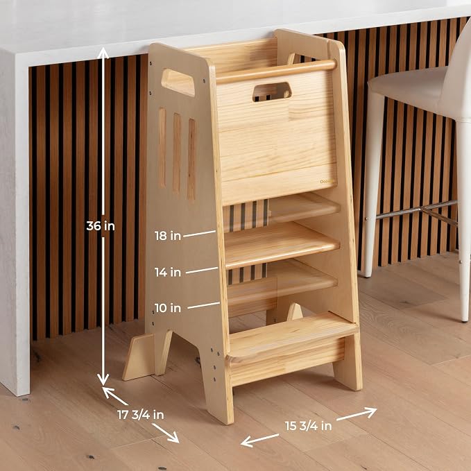 OCODILE Toddler Tower with a Sliding Door and 3 Adjustable Heights - Safe Toddler Kitchen Step Helper with Support Feet - Updated Design for 18+ Months to 6-Year-Old Kids - Varnished