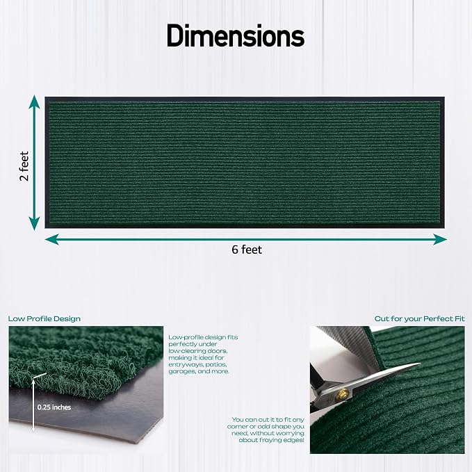 Durable Rubber Door Mat - Heavy Duty, Indoor/Outdoor, Easy Clean, Waterproof, Low-Profile Mat for Entry, Patio, Garage - Stylish (Green, 6' x 2' (Mud Trapper))
