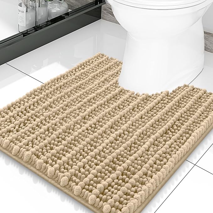Smiry Bathroom Toilet Rugs U Shaped 20x20, Extra Soft Absorbent Non Slip Rubber Backing Chenille Contour Bath Rugs for Toilet, Machine Washable Contoured Bath Mats, Beige