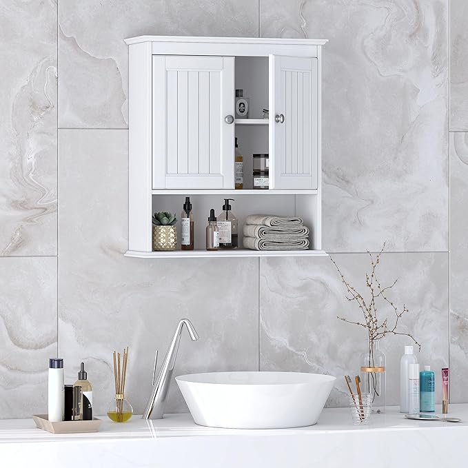 Spirich Bathroom Cabinet Wall Mounted with Doors, Wood Hanging Cabinet with Doors and Shelves Over The Toilet, Bathroom Wall Cabinet White