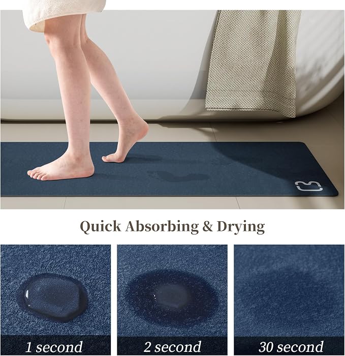 RUERYA Navy Bathroom Rug Set, 2 Piece Diatomaceous Earth Bath Mats Non Slip Absorbent Quick Dry Thin, 15.7X 23.6 + 15.7X 47.2 Inch