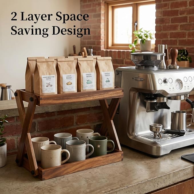Wood Countertop Shelf Organizer, 2 Tier Wooden Shelf for Coffee Bar Accessories, Kitchen Spice Rack Organizer, Condiment Storage Caddy for Home, Office, Bathroom counter