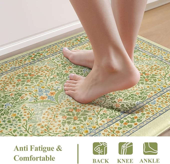 Collive Anti Fatigue Mats for Kitchen Floor, Waterproof Non Skid Kitchen Rugs Sets of 2 Vintage Floral Desk Rug, Foam Comfort Standing Mat for Office, Sink, Laundry, Light Green