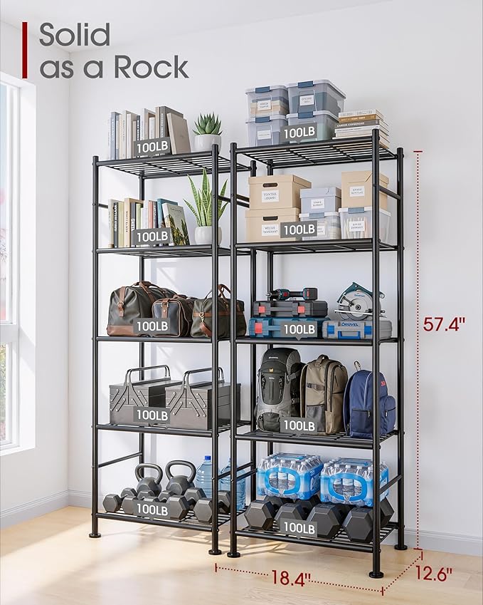 Sakugi Storage Shelves - Set of 2, 5-Tier Metal Shelf Organizer, Space-Saving Garage Shelving with Leveling Feet, Standing Shelves Organizer for Kitchen, Laundry, Pantry (18.4" x 12.6" x 57.4", Black)