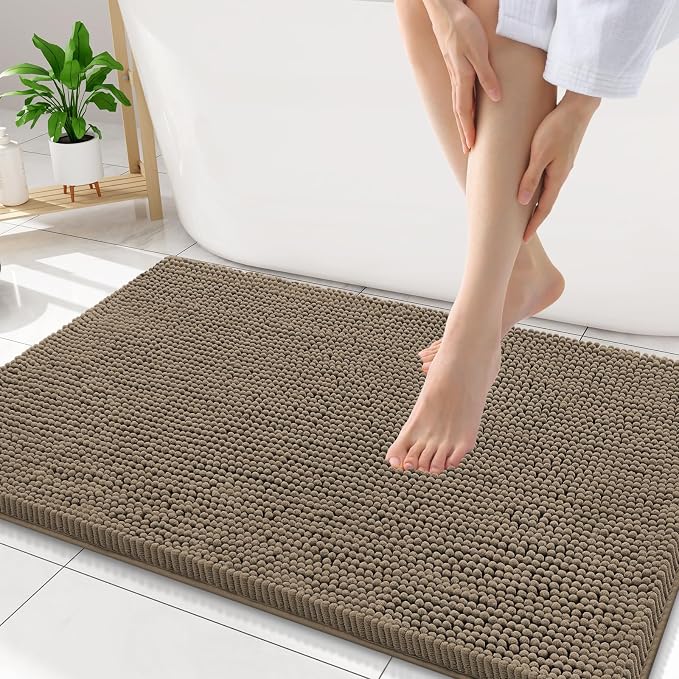 Smiry Luxury Chenille Bathroom Rugs 34x21, Extra Soft and Absorbent Shaggy Bath Mat, Machine Washable, Non-Slip Plush Carpet Runner for Tub, Shower, and Floor, Home Decor Accessories, Camel