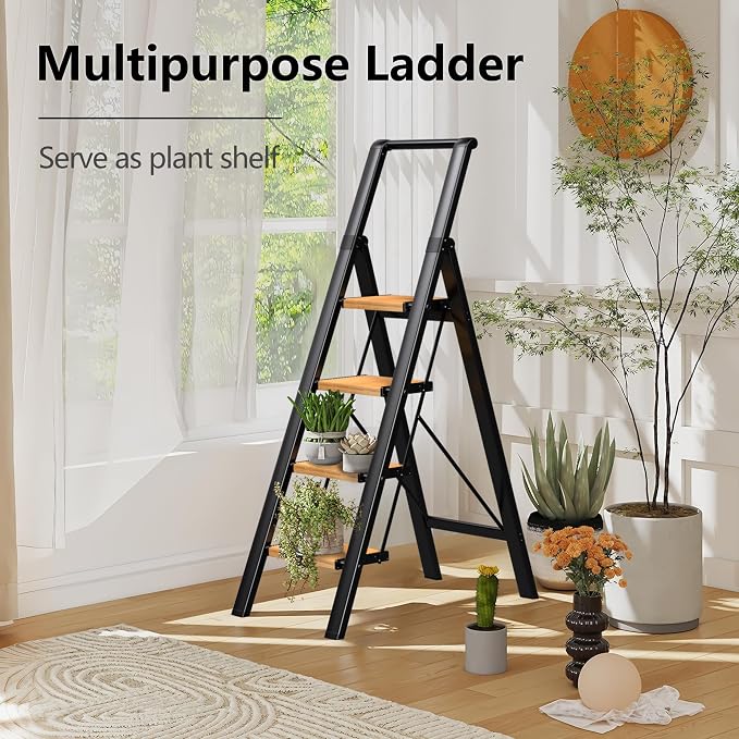 SOLADDER Step Ladder 4 Step Folding Stool with Anti-Slip Widened Sturdy Pedal and Handgrip, Portable Lightweight Aluminum Ladder for Home,Kitchen,300 lbs Capacity-Black+Woodgrain