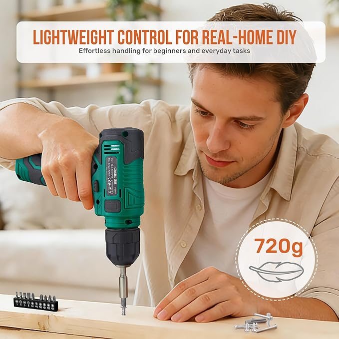 Hi-Spec 8V Cordless Drill Set & Tool Kit for Men – Power USB Rechargeable Electric Drill Driver, Compact Hand Toolbox with Essential Tools, Green, Ideal for Home Improvement