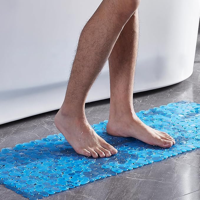 Webos Bath Shower Mat Non Slip: Extra Large Pebble Bathtub mat for Families, Anti Slip Shower Matt with Drain Holes Suction Cups Tub Mat - 16 X 40 Inch Clear Blue