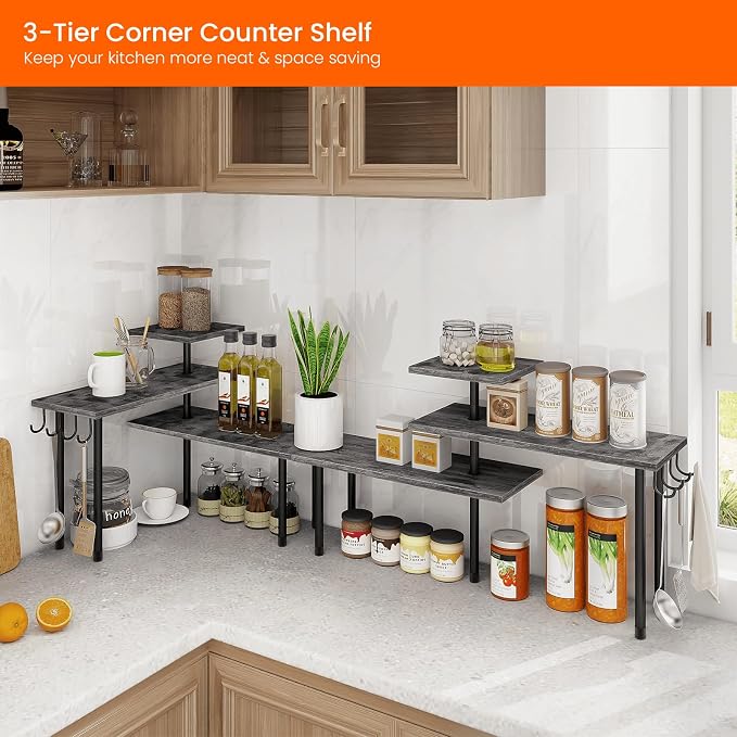 Homode Kitchen Countertop Organizer, 3 Tier Corner Shelf Bathroom Counter Organizer, Wooden Counter Shelf Stand Space Saver, Easy Assembly, Rustic Grey