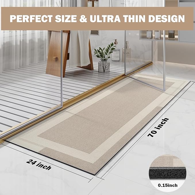YDKGL Extra Long Non Slip Bathroom Runner Bath Mat, Rubber Backing Ultra Thin Bath Rug Fit Under Door Quick Dry Super Absorbent Washable Shower Mat for Bathroom Floor Bathtub Sink, Beige 24"x70"