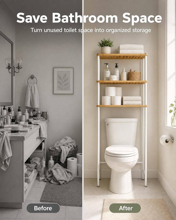 LiSHELF Bamboo Over The Toilet Storage Shelf 3-Tier Bathroom Organizer Rack Freestanding Above Toilet Shelves Space Saver for Small Bathroom, Laundry, White