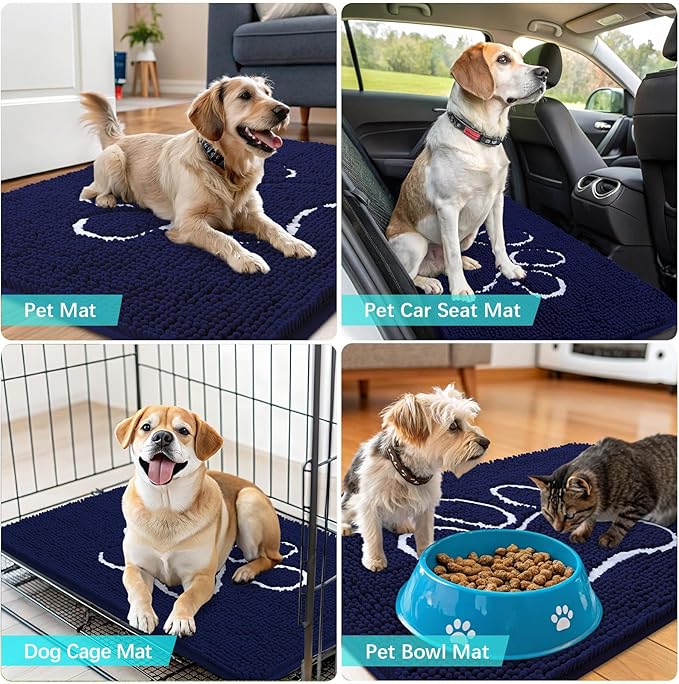 OLANLY Dog Door Mat for Muddy Paws 54x24, Paw Print Design, Absorbs Moisture and Dirt, Absorbent Non-Slip Washable Doormat, Quick Dry Chenille Mud Mat for Dogs, Entry Indoor Entryway Carpet, Navy Blue