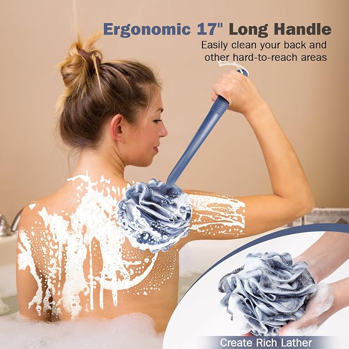 Loofah With Handle Back Scrubber for Shower, Non-Slip 17" Plastic Handle, Hand Shower & Loofah on a Stick Sponge Set, Deep Blue With White Edge