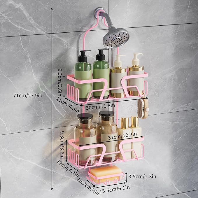 DAOYA Shower Caddy Hanging, Pink Over the Shower Head Caddy with Soap Holder, Bathroom Organizer with Hooks for Razors and Bath Sponges