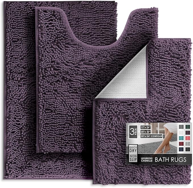 Hearth & Harbor Bathroom Rugs, Chenille Bath Mat - Machine Washable Bath Mats for Bathroom Non-Slip Backing Rubber, Quick Dry Mat - Purple Bath Rug, 17x24-20x32-20x24