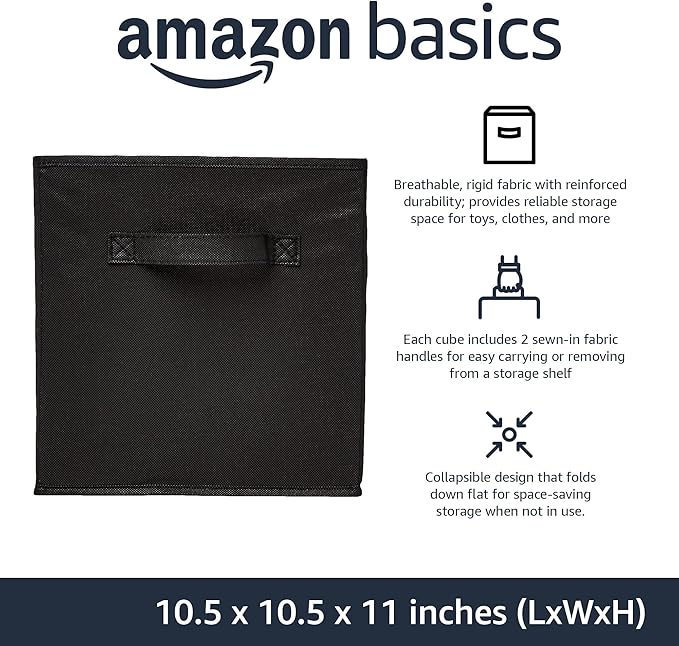 Amazon Basics Collapsible Fabric Storage Bins Organizer with Handles, Sturdy, Foldable, 10.5" x 10.5" x 11", Black, 6 Count (Pack of 5)