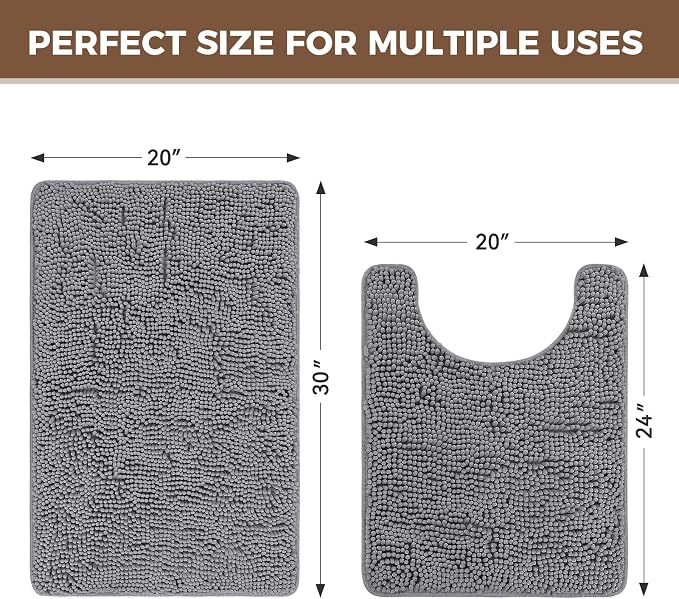 Bcoimo Bathroom Rug Set, Chenille Bathroom Rugs, Absorbent Non Slip Plush Bath Mats, Machine Washable Fast Drying Floor Mats for Tub, Shower, Sink, Vanity