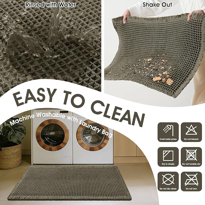 Upgrade Waffle Bath Mat, Boho Bathroom Rugs Absorbent Non Slip, Ultra Soft Bathroom Mat, Machine Washable Knit Bath Rugs with Stripe for Bathroom, Bedroom, Kitchen, Tub, 24"x17", Light Green & White