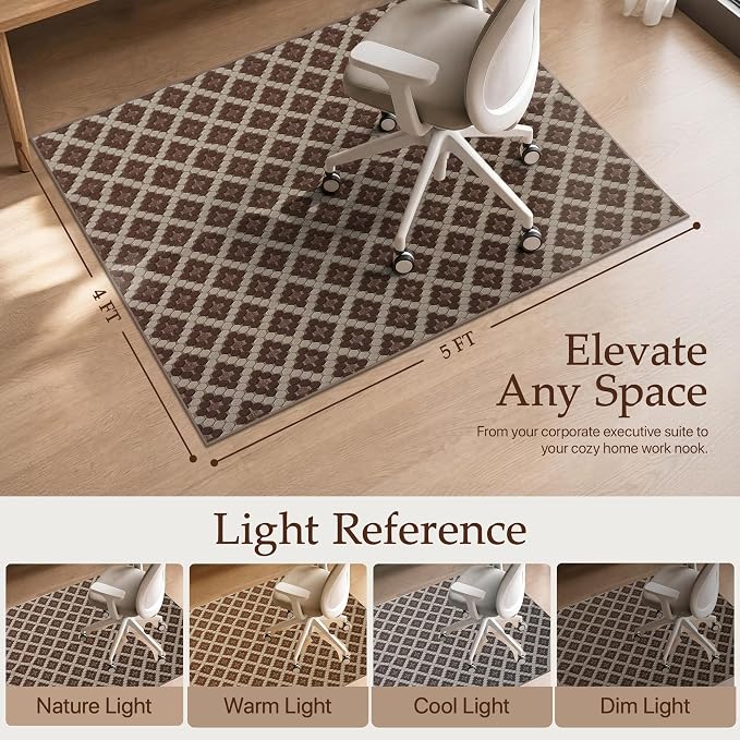 48"x60" Office Chair Mat for Hardwood Tile Floor, Under Desk Carpet Protector for Rolling Computer Chair Mat, Machine Washable Area Rug, Anti-Slip 1/5" Thick Low Pile Thin Floor Mat, Brown Coffee