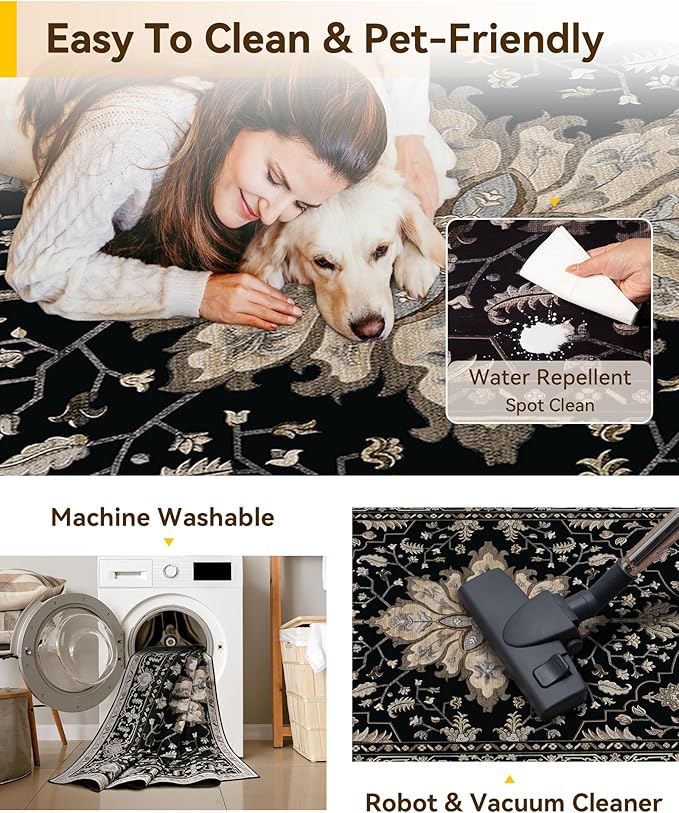 RELEANY Area Rugs Runner 2'6"x12' Washable Non-Slip, Floral Vintage Distress Medallion Carpet for Kitchen Hallway Bedroom Beside Laundry Room Bathroom, Black Brown Neutral Dark Tan