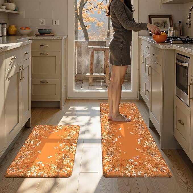 KIMODE Fall Kitchen Mats Cushioned Anti Fatigue, Orange Farmhouse Kitchen Rugs Sets of 2, Halloween Kitchen Mats for Floor, Padded Kitchen Floor Mats for Sink Laundry Office Desk 20"x47"+20"x32"
