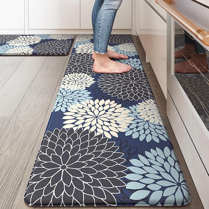 Anti Fatigue Kitchen Mats,Non Slip Farmhouse Kitchen Rugs Sets 2 Piece,Waterproof Dahlia Floral Kitchen Mat for Floor,Cushioned Standing Mat for Kitchen,Laundry,Sink,Desk,Mutil-Blue