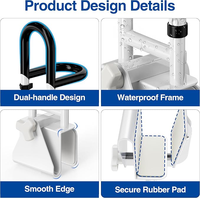 Adjustable Bathtub Safety Rail with Double Grip, 14–18 Inch Height Shower Grab Bar for Seniors, Elderly & Disabled, Non-Slip Tub Side Bar Clamp for Bathroom Support
