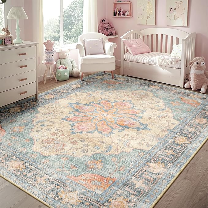 RELEANY Area Rugs 5'x7' Washable Non-Slip, Floral Vintage Distress Medallion Carpet for Living Room Bedroom Dining Room, Blue Orange Red