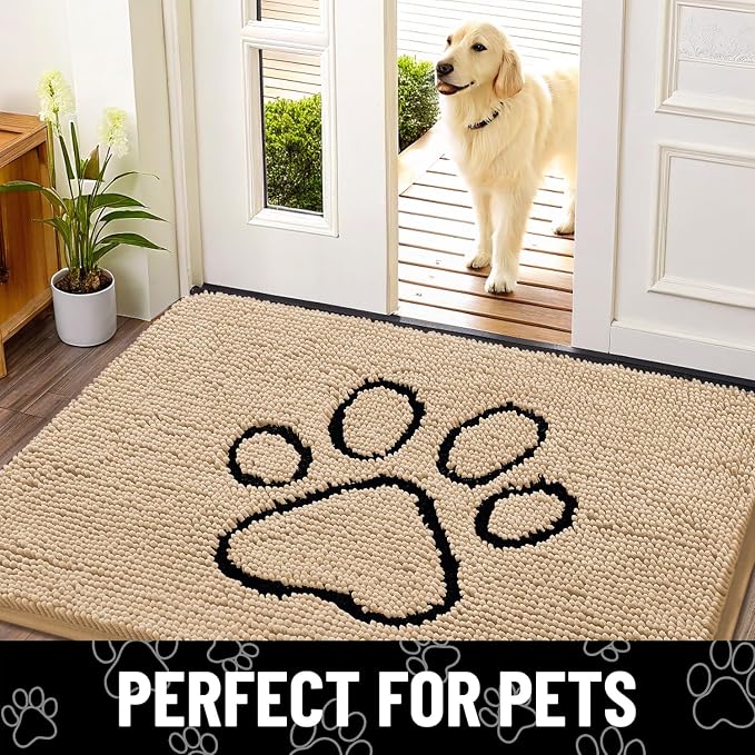 Smiry Dog Door Mat for Muddy Paws, Absorbent Dirt Trapper Non Slip Quick Dry Washable Chenille Mat for Mud Dogs, Entry Rug for Indoor and Outdoor (36x24 Inches, Beige and Black