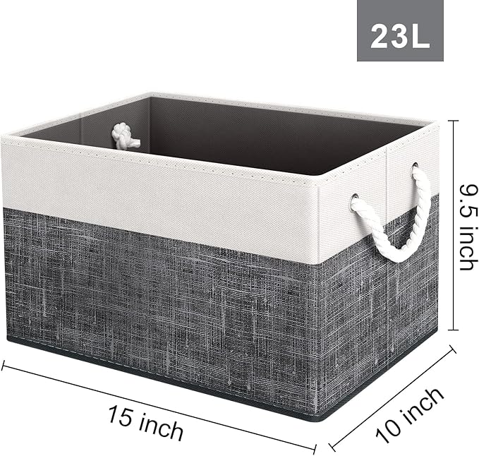 Fab totes Storage Bins 3-Pack, Foldable Storage Baskets for Organizing Toys, Books, Shelves, Closet, Large Storage Box with Rope Handles, Sturdy Organizer Bins, White & Black