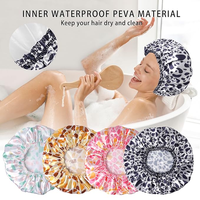 Shower Caps for Women, 4 PCS Elastic and Reusable Bath Caps, Double Layers Shower Cap Reusable Waterproof, Bathing Shower Caps, Environmental Bath Hair Protection Cap - Stone
