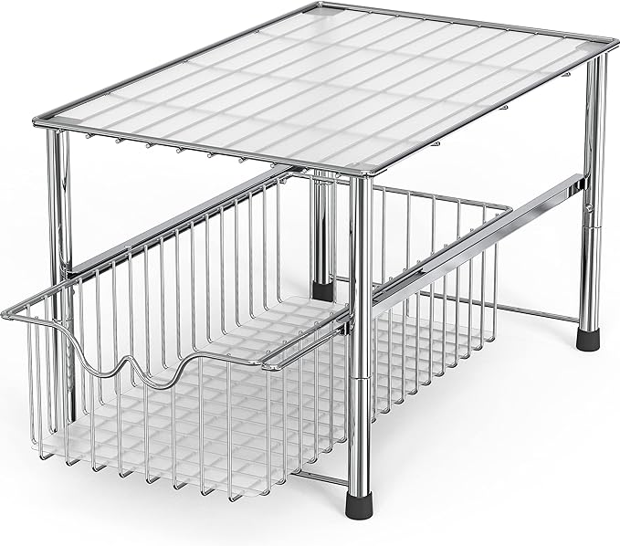 DecoBrothers Stackable Under Sink Organizer with Sliding Basket, Chrome