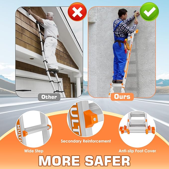 LEVELEVE Telescoping A Frame Ladder, 17FT Multi Position Ladder with Stabilizer Bar & Wheels,330 lbs Security Load for Stairs Home Indoor Outdoor Roof
