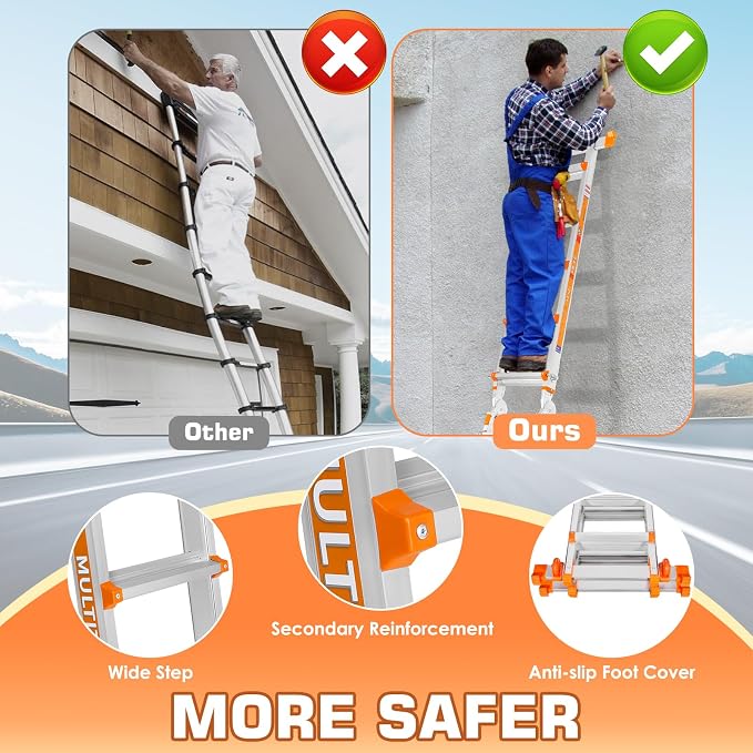 LEVELEVE Telescoping A Frame Ladder, 22FT Multi Position Ladder with Stabilizer Bar & Wheels,330 lbs Security Load for Stairs Home Indoor Outdoor Roof