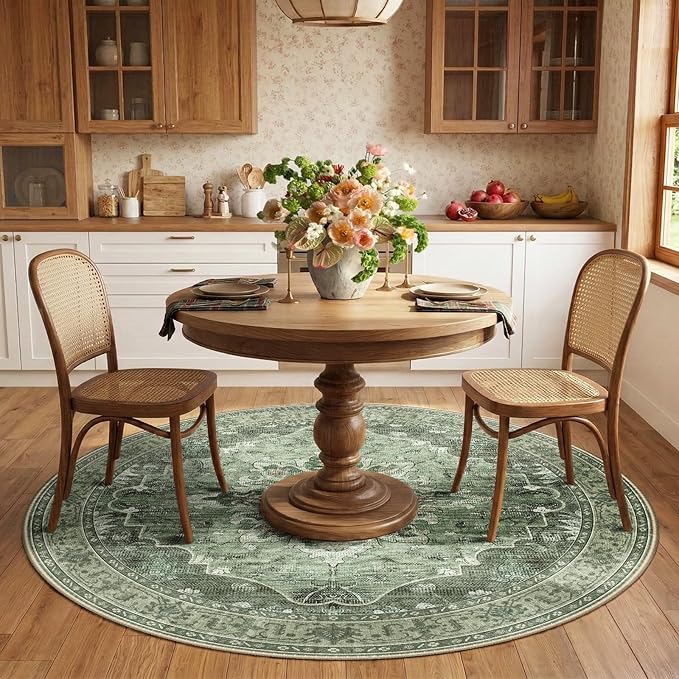 RELEANY Area Rugs Round 6ft Washable Non-Slip, Floral Vintage Distress Medallion Carpet for Living Room Bedroom Dining Room, Dark Green Gray