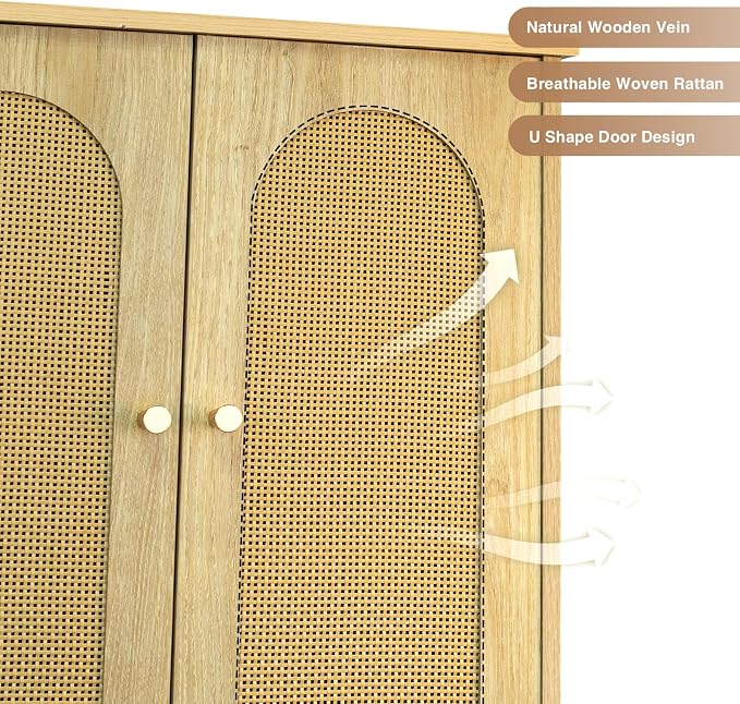 FiveWillowise Rattan Toilet Storage Cabinet, Over The Rack Wood Cabinet with Metal Stand, Bathroom Organizer with Adjustable Shelf, Tall Freestanding Washer Shelf, Small Cupboard, Natural