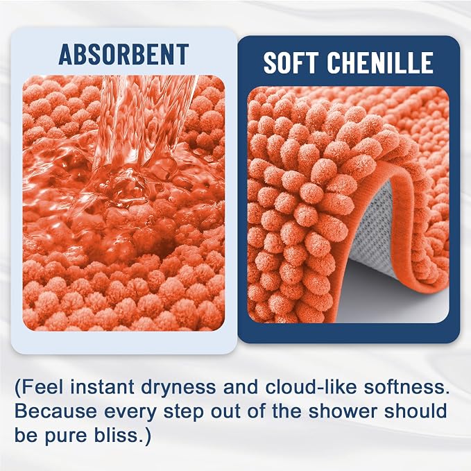 Grandaily Chenille Striped Bathroom Rugs 30x20, Extra Thick and Absorbent Bath Mats, Non-Slip Soft Plush Shaggy Shower Carpet, Machine Wash Dry, Bath Rug for Bathroom, (Medium, Coral Orange)