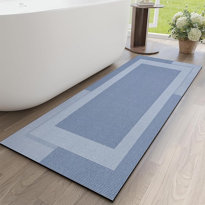 YDKGL Non Slip Long Bathroom Runner Rug Bath Mat, Rubber Backing Ultra Thin Bathroom Rugs Fit Under Door Quick Dry Super Absorbent Washable Shower Mat for Bathtub Sink Floor, Blue 17"x59"