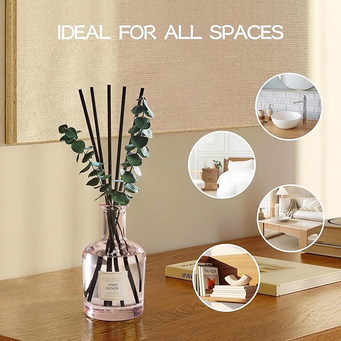 COCORRÍNA White Flower Reed Diffuser – 6.76 oz Essential Oil with 8 Reeds & Real Eucalyptus Sticks, Home Fragrance for Bedroom or Bathroom Décor