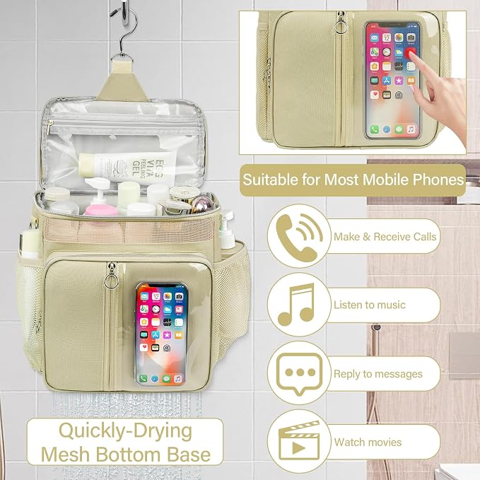 Portable Shower Caddy College Dorm Essentials, Large Toiletry Bag for Women Men, 2 Layers Quickly Dry Mesh Bathroom Tote Bag, Hanging Makeup Organizer Bag for Travel, Gym, Camping(Apricot)