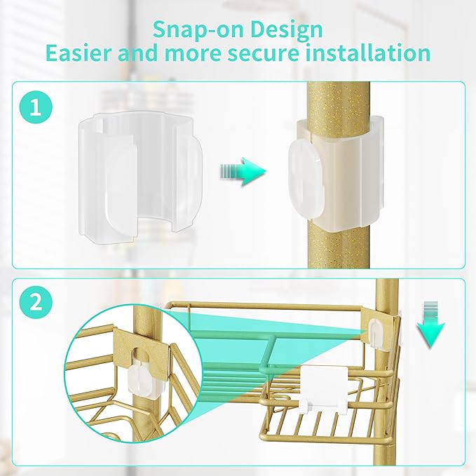 HapiRm Corner Shower Caddy Organizer - Shower Organizer Corner with Soap Holder, Toothbrush Holder and 4 Hooks, Rustproof Bathroom Shelf Tension Pole Available for 27.6 to 108.3 Inch - Gold