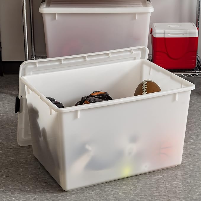 IRIS USA 144 Qt Stackable Plastic Storage Bins with Lids, 3 Pack - BPA-Free, Discreet Organizing Solution, Latches, Durable Nestable Containers, Secure Pull Handle, Made in USA - Pearl
