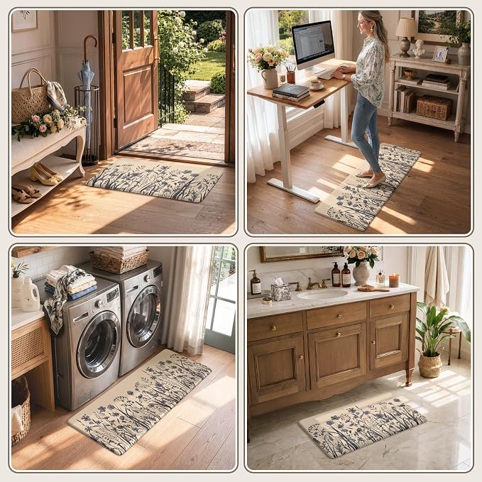 KIMODE Anti Fatigue Kitchen Mats for Floor, Farmhouse Kitchen Rugs Sets of 2, Cushioned Kitchen Floor Mats, Comfort Standing Mat for Sink, Laundry, Office, Desk Brown/Grey 17"x47"+17"x29"