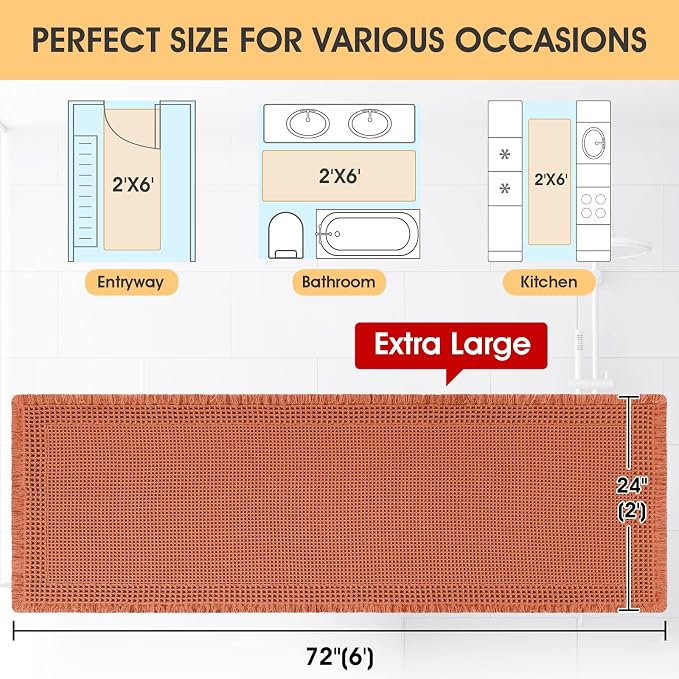 IM HOME Extra Large Waffle Bath Mat, Boho Bathroom Rugs Absorbent Non Slip, Ultra Soft Bathroom Mat,Machine Washable Knit Bath Rug with Border for Bathroom,Bedroom,Kitchen,Shower, 6'x2', Burnt Orange