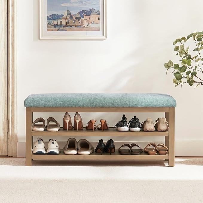 Zihanhome Shoe Rack Bench with Cushion, 2 Tier Solid Wood Storage Bench, Mid-Century Modern Shoe Bench for Entryway, Hallway, Closet, Front Door Entrance, Foyer (Teal, 46.5")