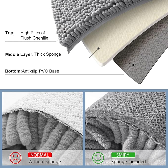 Smiry Luxury Chenille Bathroom Rugs 47x20, Extra Soft and Absorbent Shaggy Bath Mat, Machine Washable, Non-Slip Plush Carpet Runner for Tub, Shower, and Floor, Home Decor Accessories, Grey